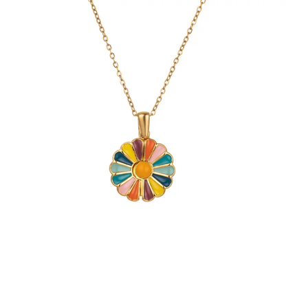 Rainbow Enamel Daisy Pendant Necklace