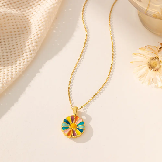 Rainbow Enamel Daisy Pendant Necklace