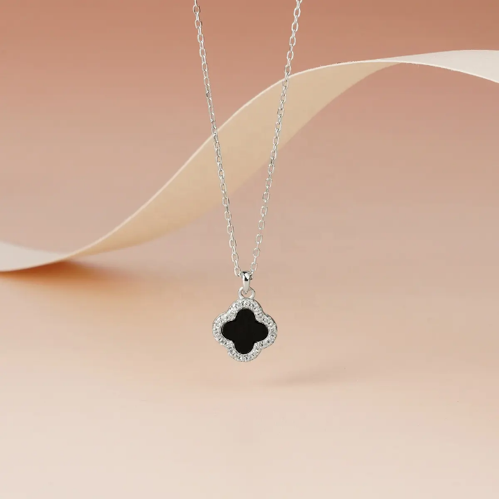 Black Quatrefoil Halo Pendant Necklace