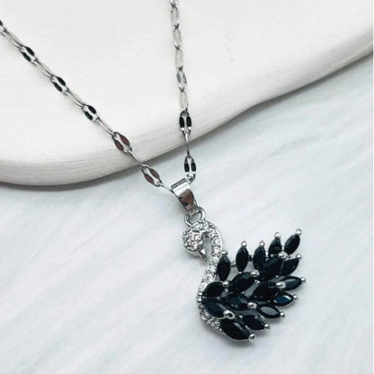 Black Marquise Feather Swan Pendant Necklace