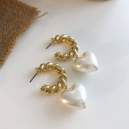 Twisted Hoop Pearl Heart Drops