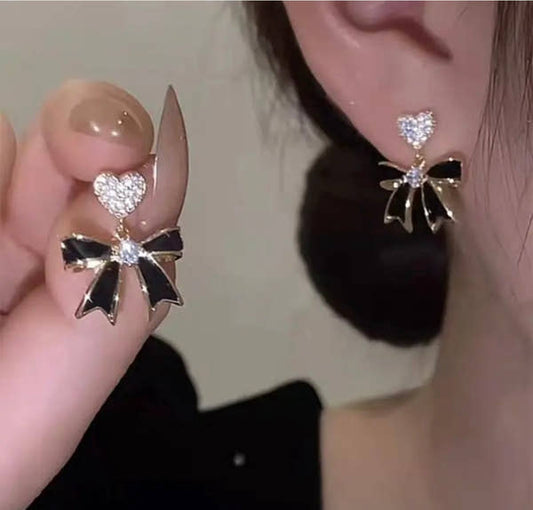 Noir Heart Bow Crystal Earrings