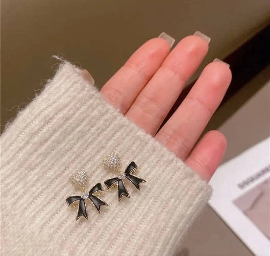 Noir Heart Bow Crystal Earrings