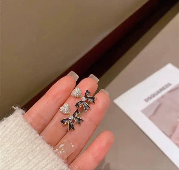 Noir Heart Bow Crystal Earrings