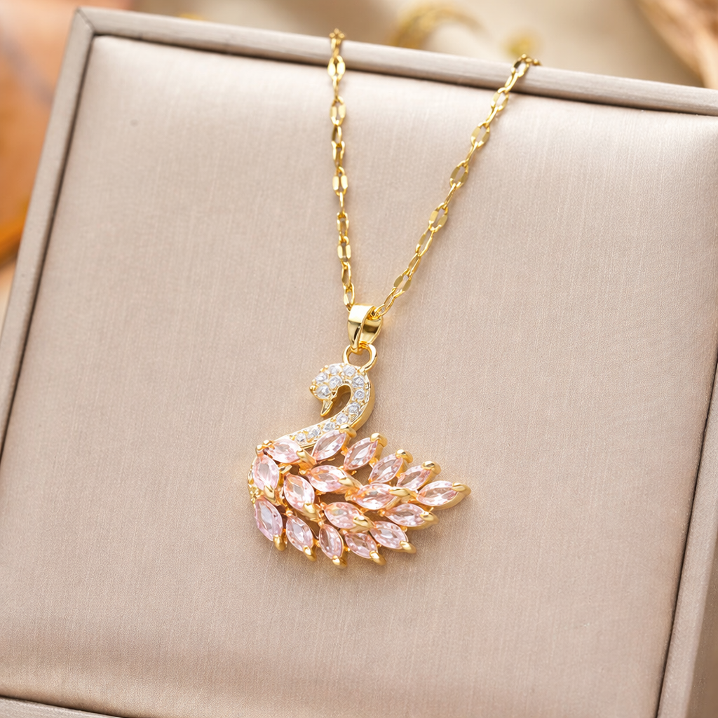 Pink Crystal Swan Pendant Necklace