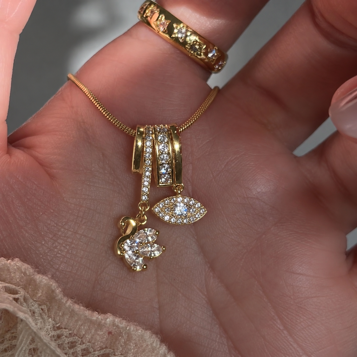 Celeste Swan & Evil Eye Charm Necklace