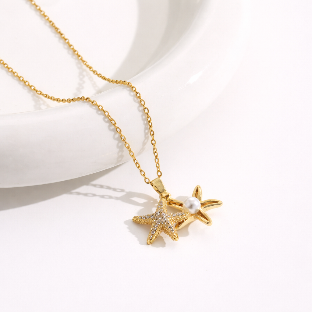 Pavé Starfish Pendant Necklace with Pearl Accent