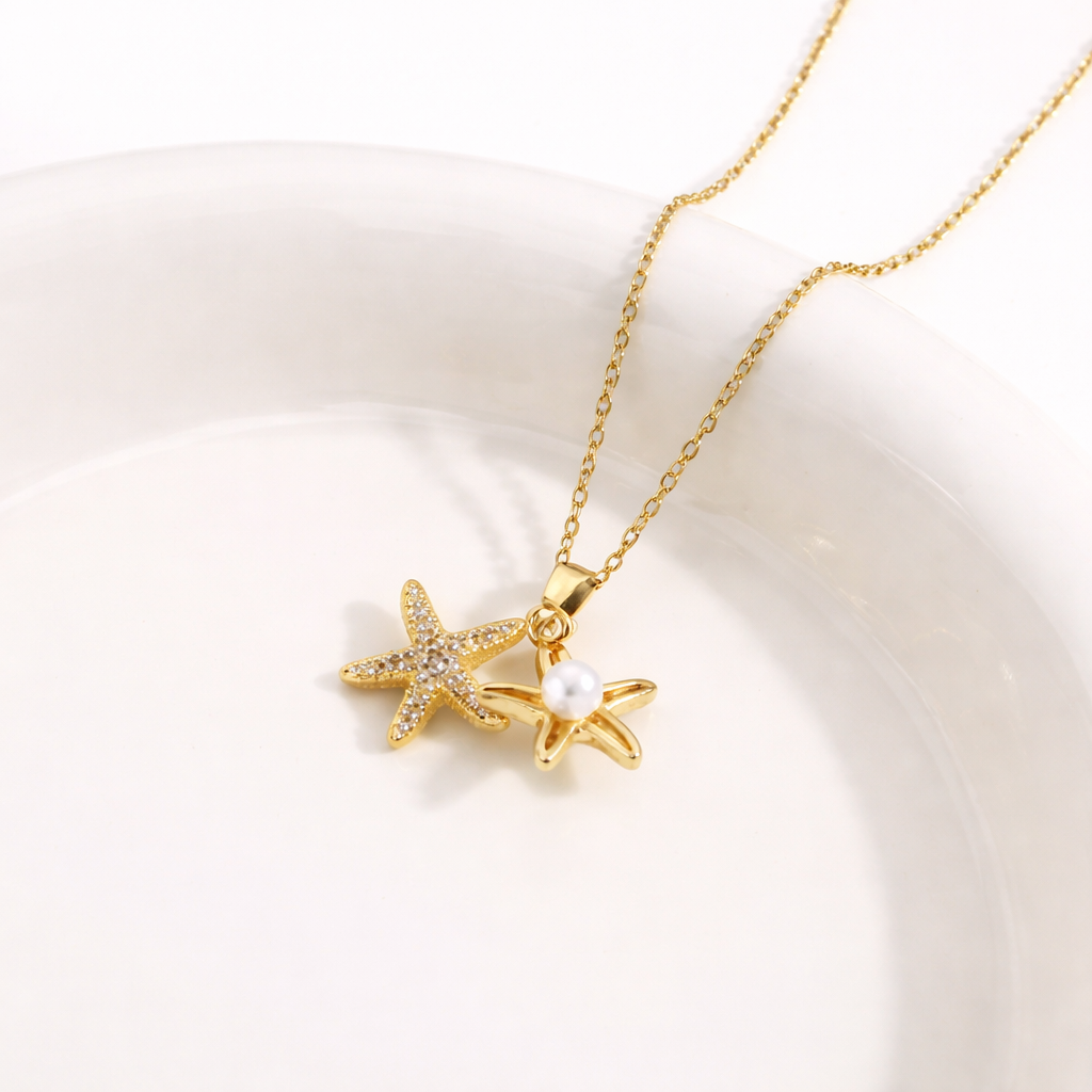 Pavé Starfish Pendant Necklace with Pearl Accent