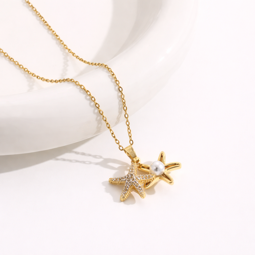 Pavé Starfish Pendant Necklace with Pearl Accent