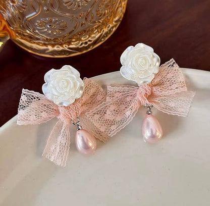Rose Lace Pearl Drop Earrings