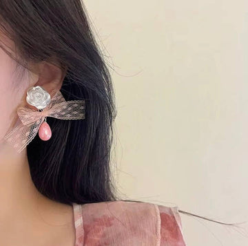 Rose Lace Pearl Drop Earrings