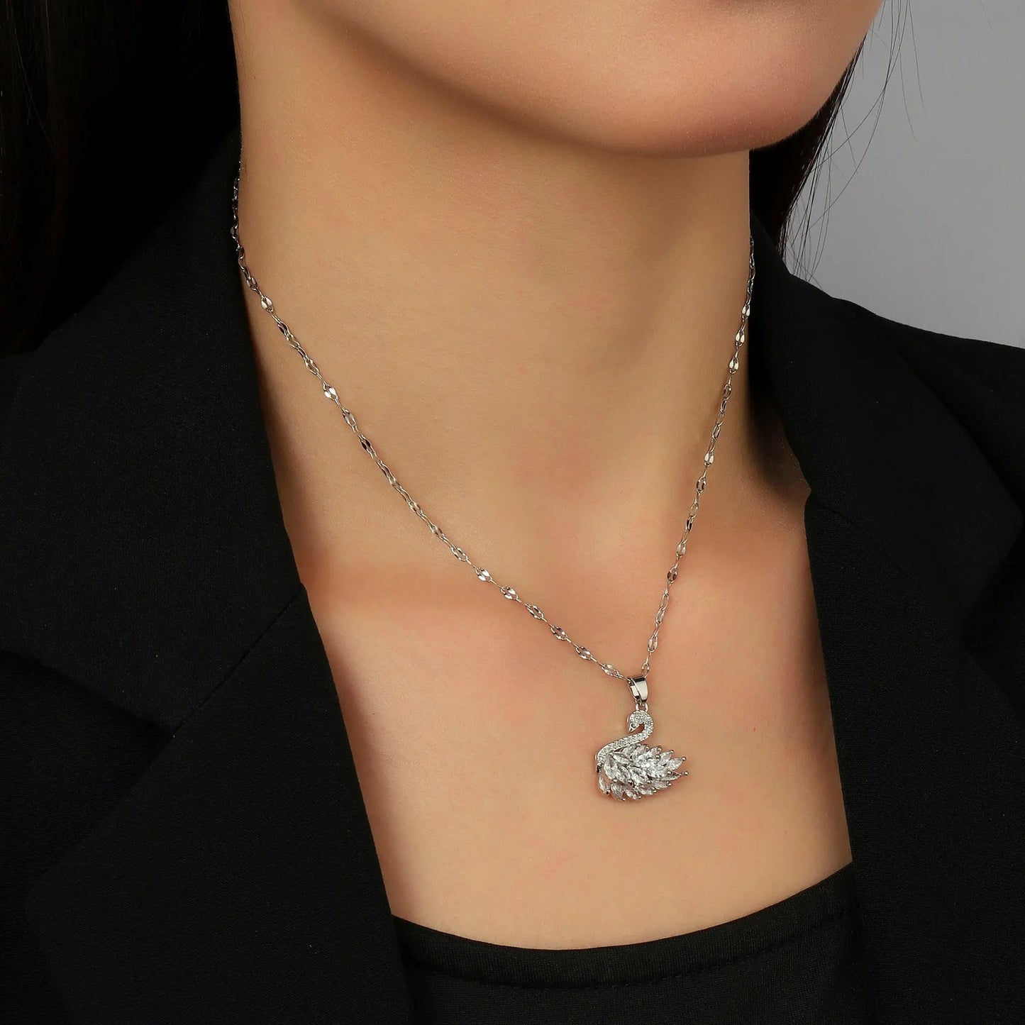 Marquise Feather Swan Pendant Necklace