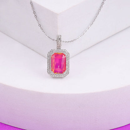 Emerald-Cut Pink Halo Pendant Necklace