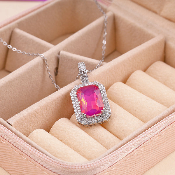 Emerald-Cut Pink Halo Pendant Necklace