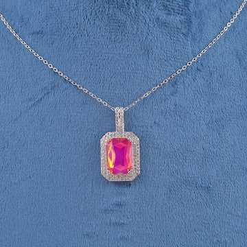 Emerald-Cut Pink Halo Pendant Necklace