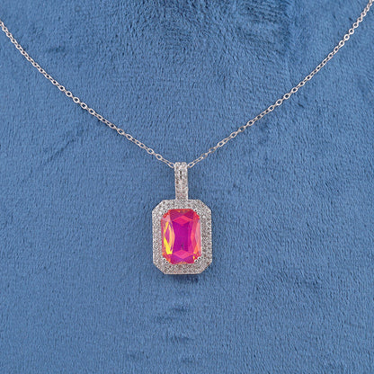 Emerald-Cut Pink Halo Pendant Necklace