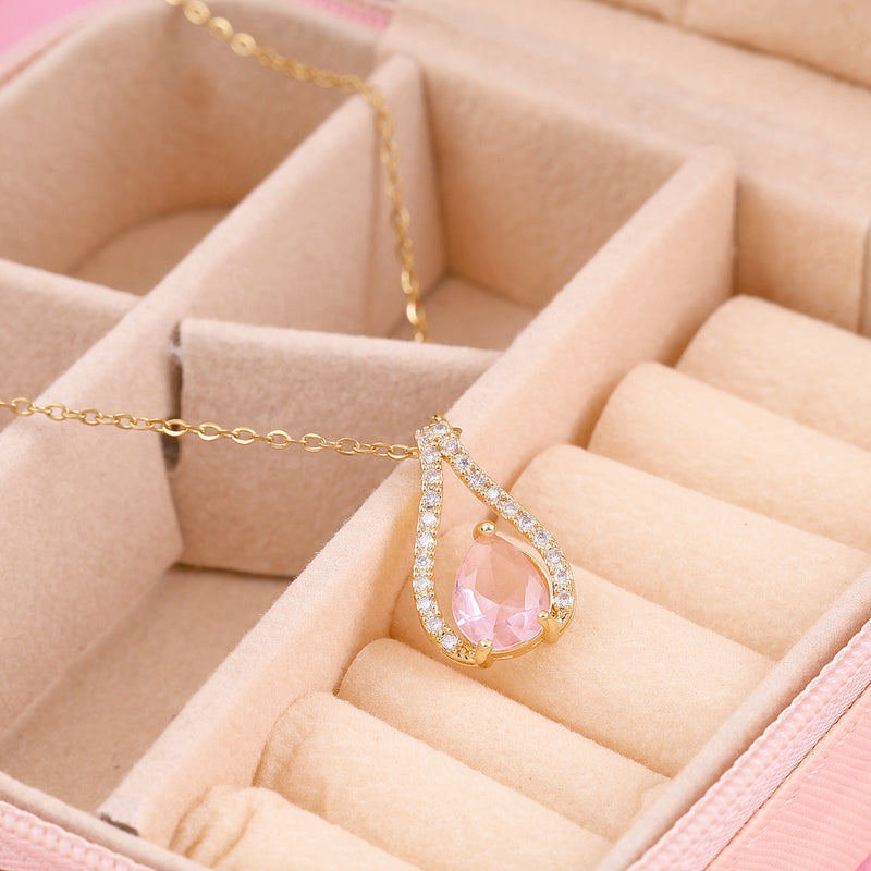 Pear-Cut Pink Teardrop Halo Pendant Necklace